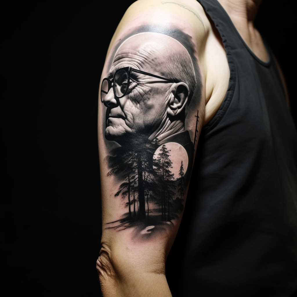 Black and white side profile of bald old man with glasses