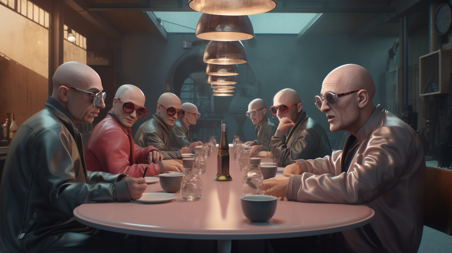 Group of Bald People Enjoying a Meal