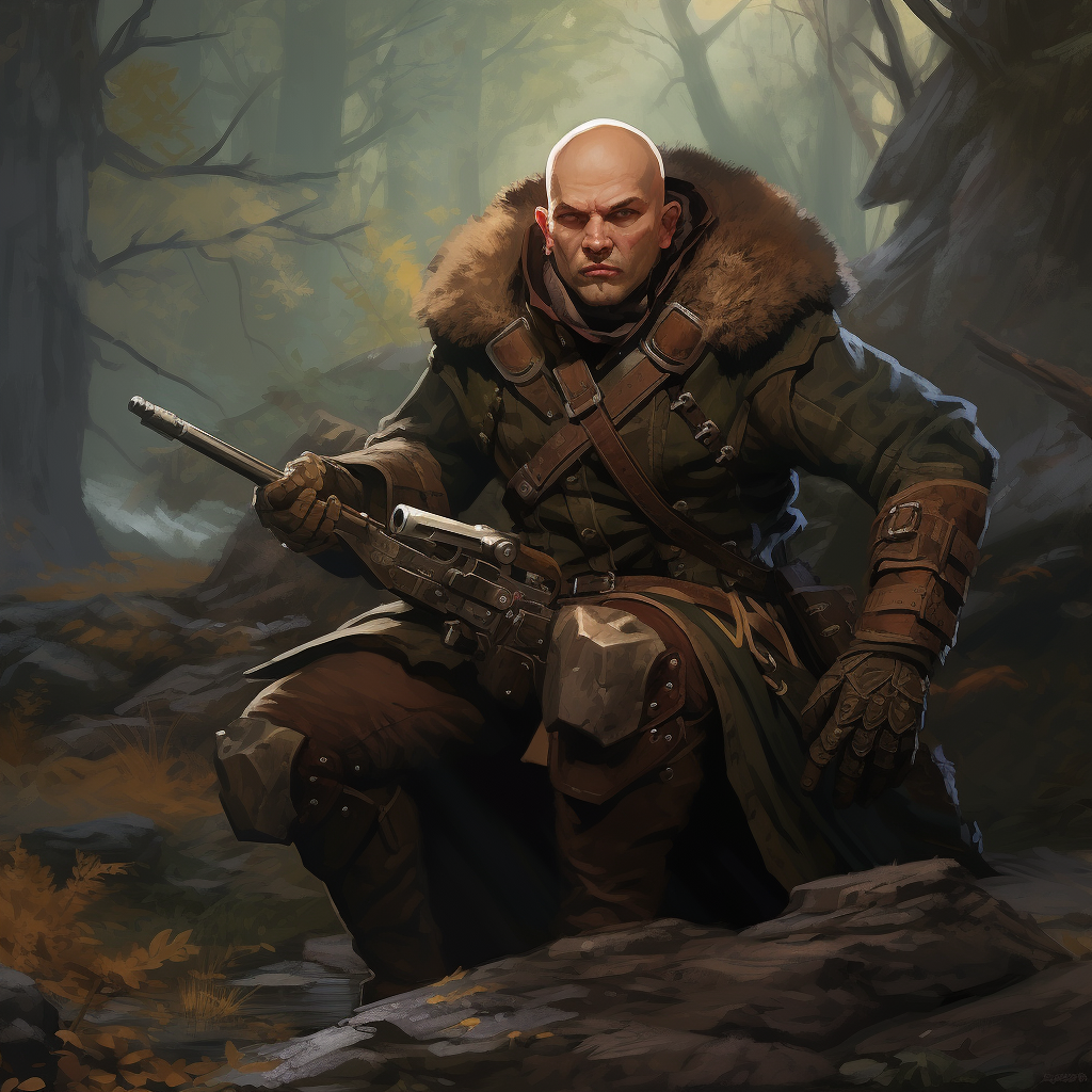 Bald Shady Ranger Aiming Crossbow in Fantasy Pathfinder