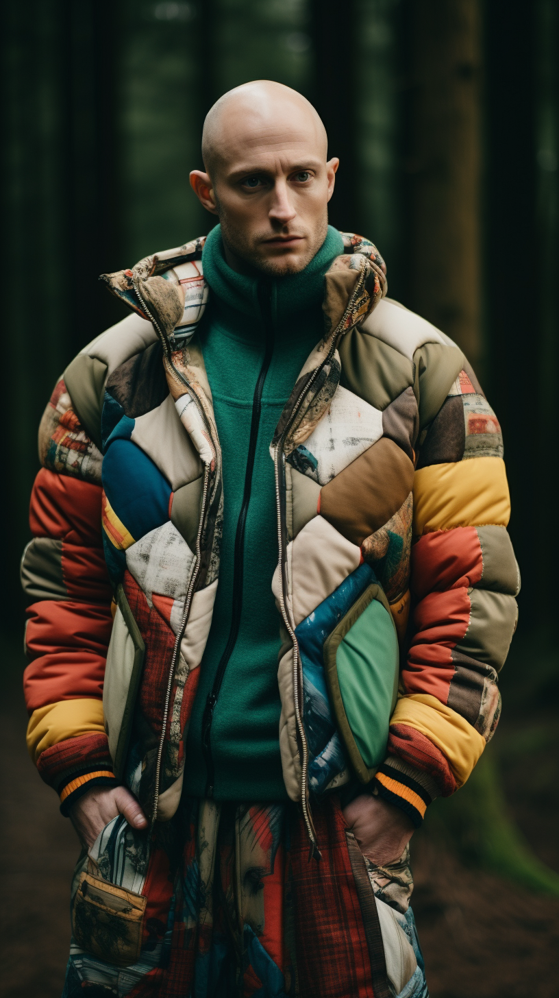 Bald Trans Model in Fashionable Patchwork Outfit