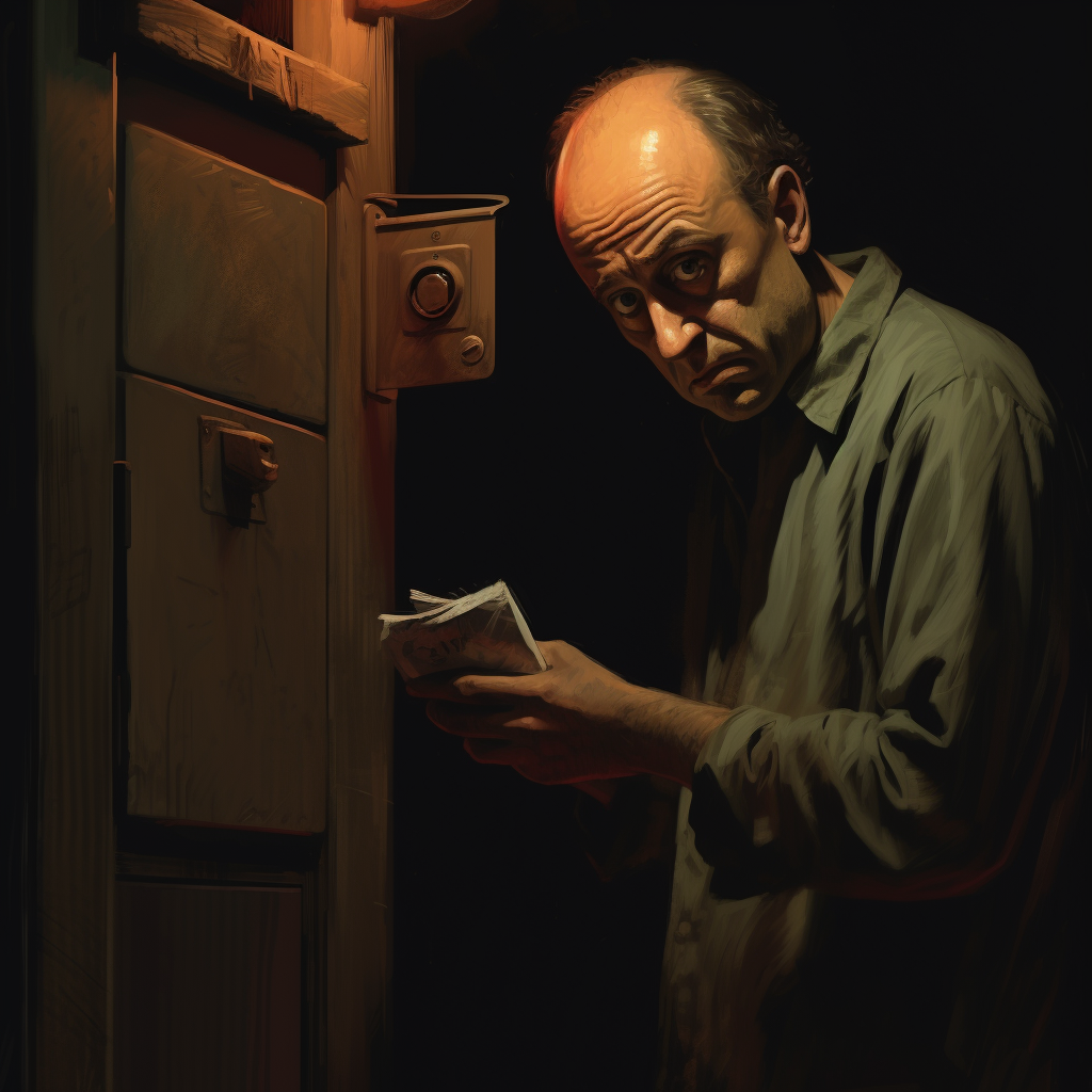 Balding uncle caught in dimly lit apartment