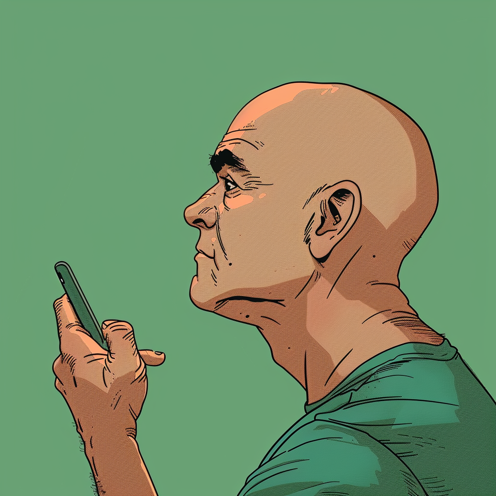 Balding man with phone on green background