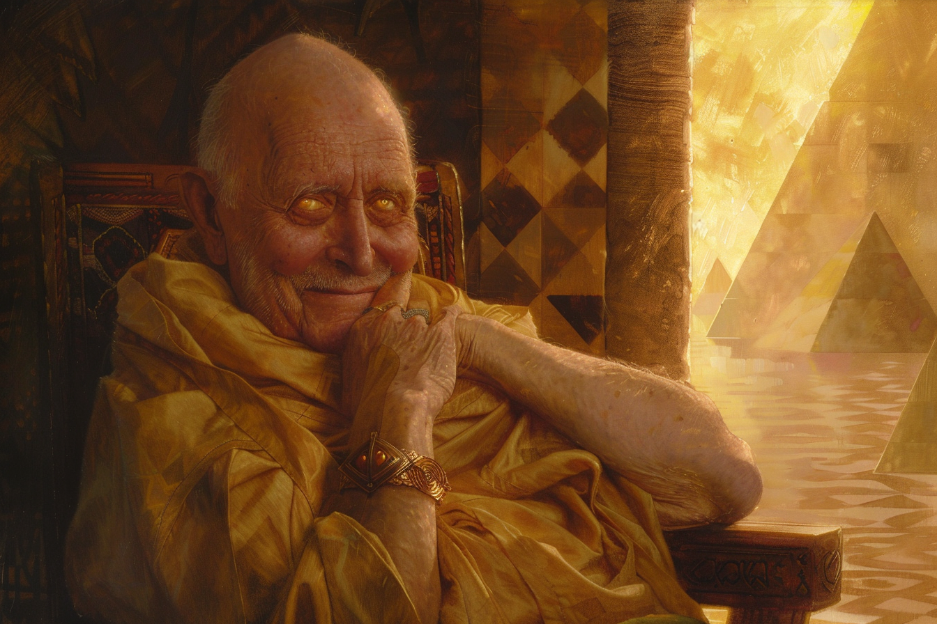 Balding elderly man in golden aura