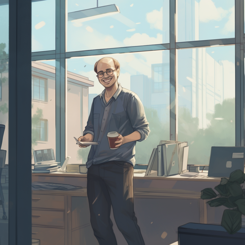 Balding Scandinavian Man Smiling at Office