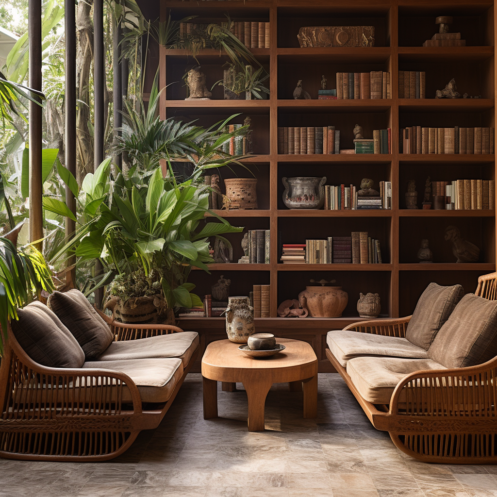 Teak bookshelves in cozy reading corner