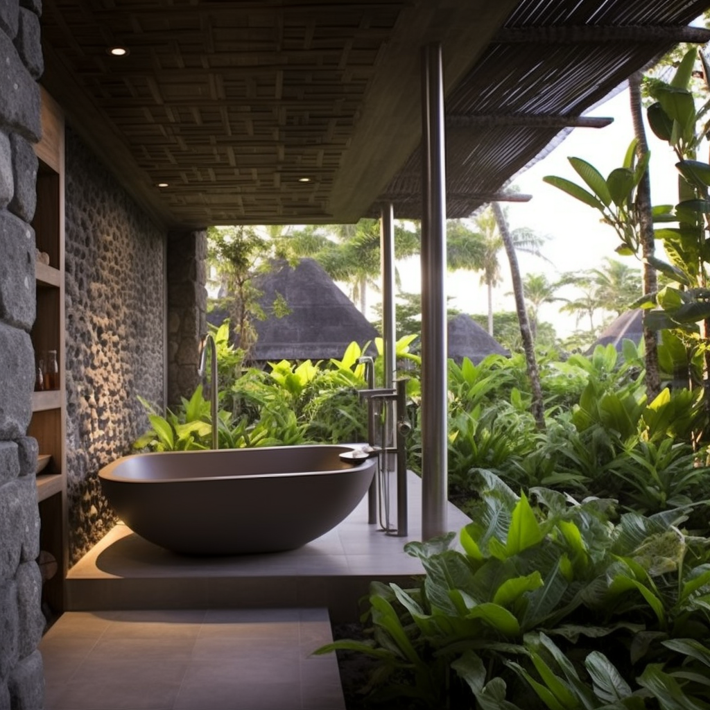 Balinese bathroom with garden view