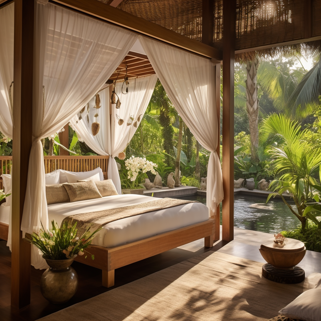 Tranquil Balinese bedroom with canopy bed and garden views