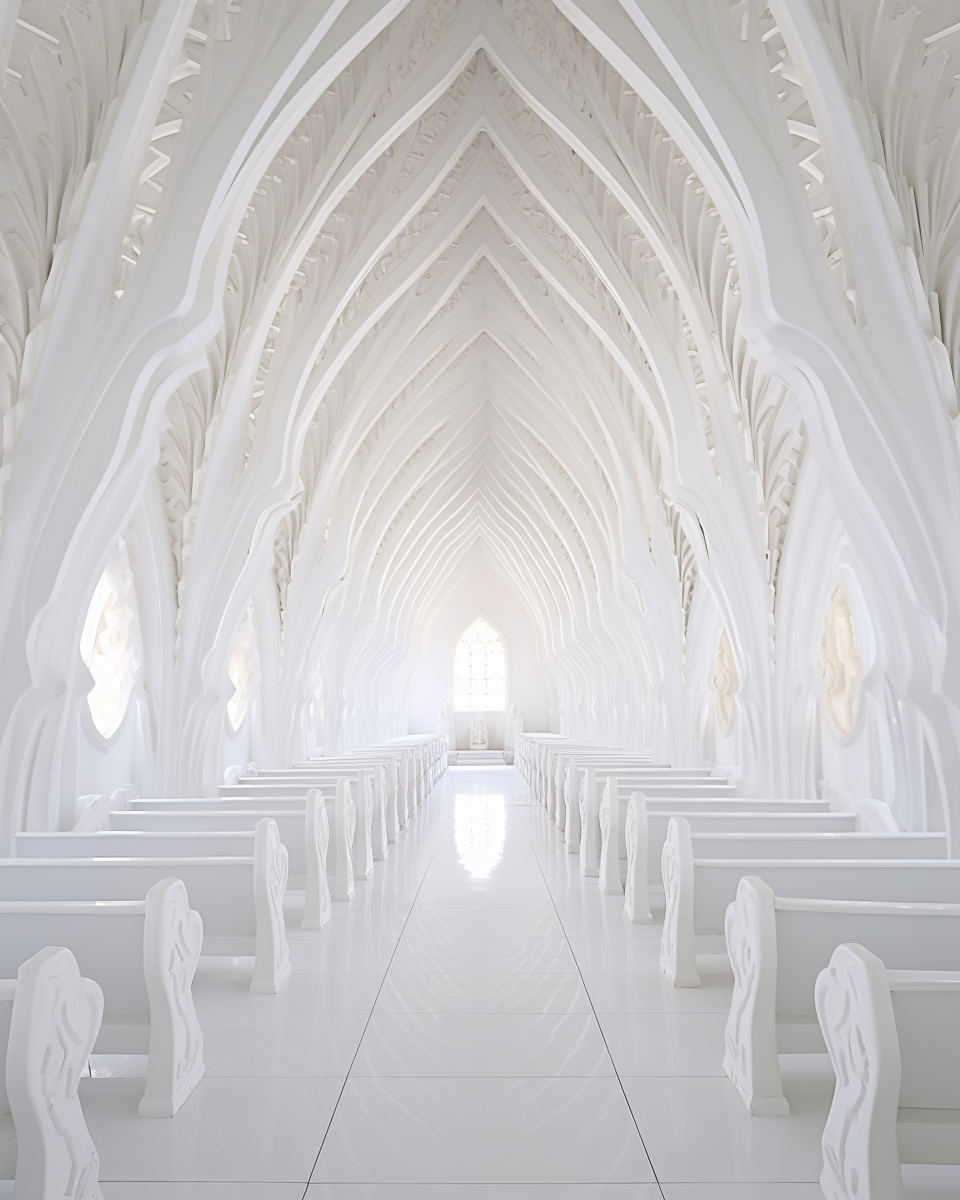 White-on-white Balinese-style church interior