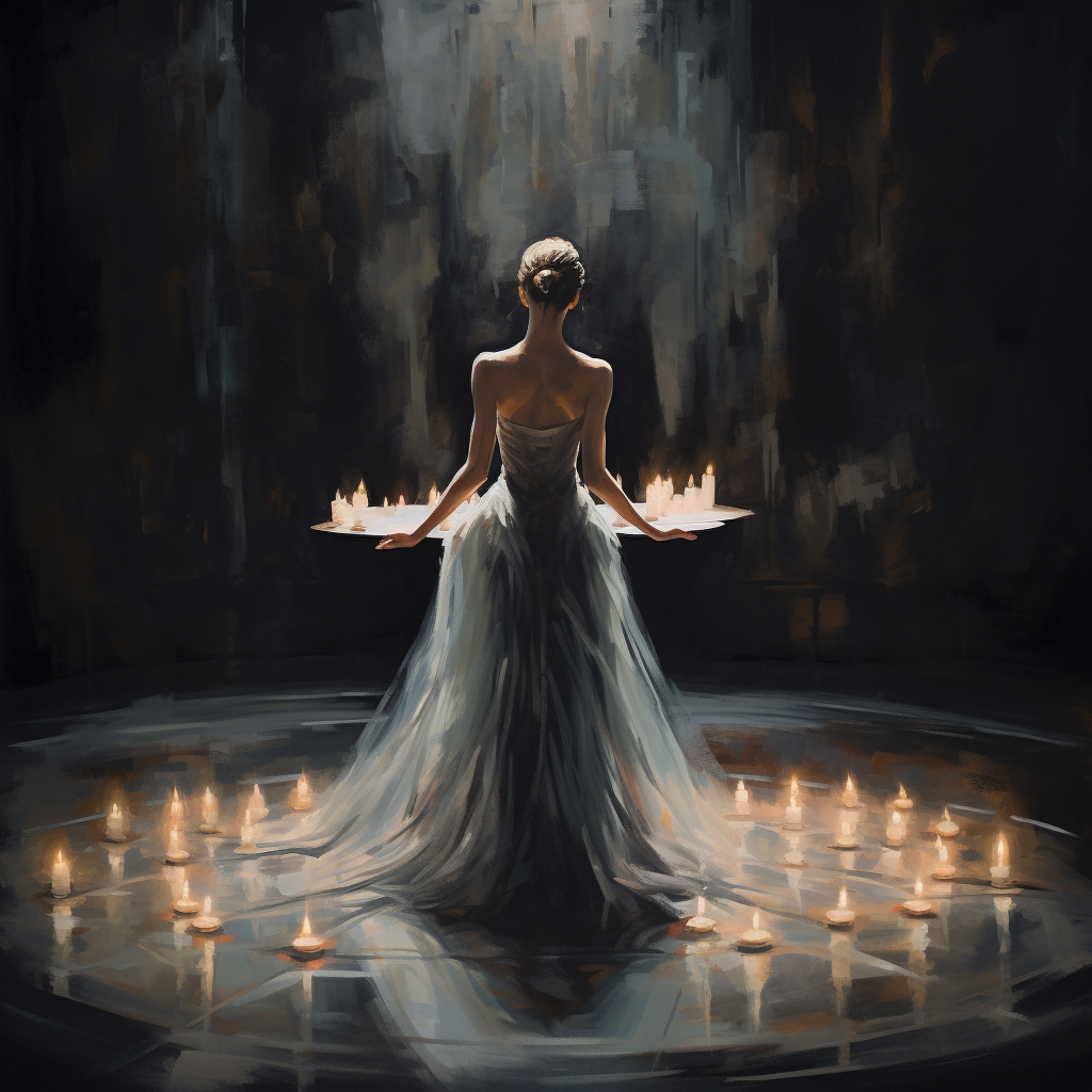 Abstract ballerina holding candle in dark auditorium