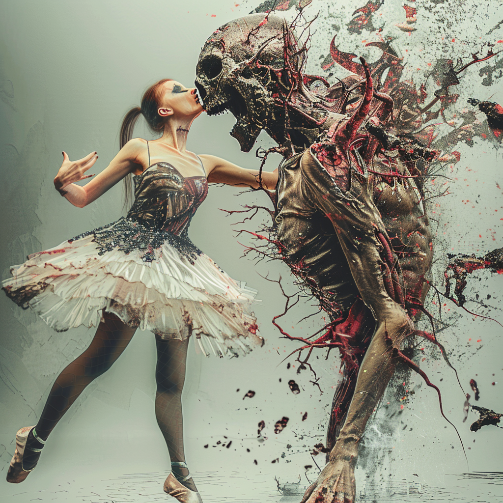 Beautiful ballerina transforming into demented