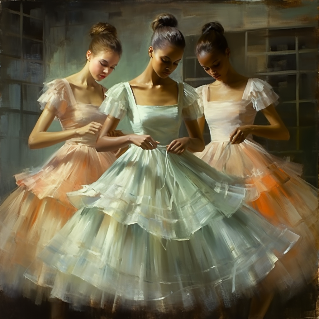 Three graceful ballerinas in soft pastel tutus