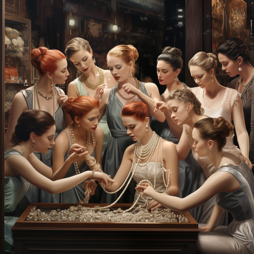 Ballet dancers trying on pearls in store