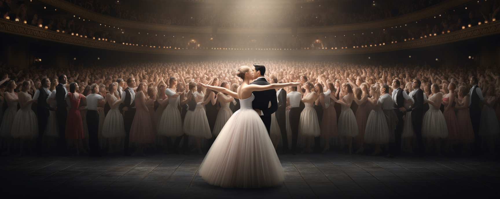 Two ballerinas en pointe embracing on stage