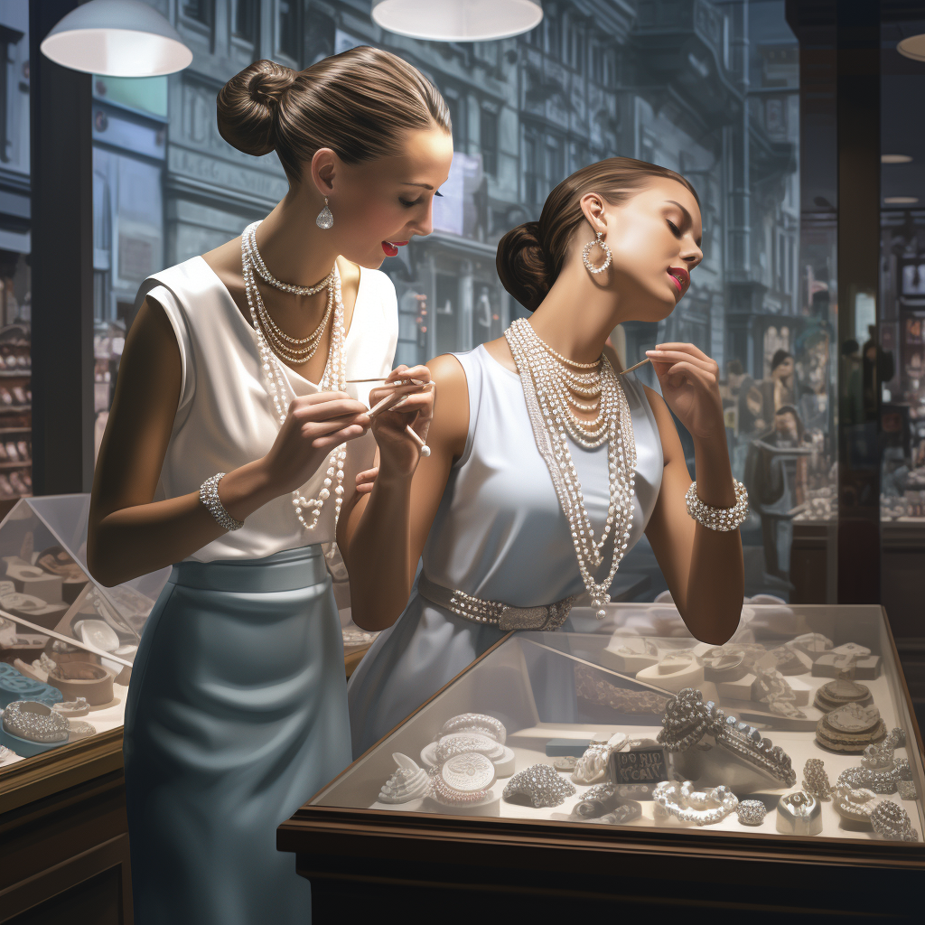 Ballet dancers trying on pearls in store