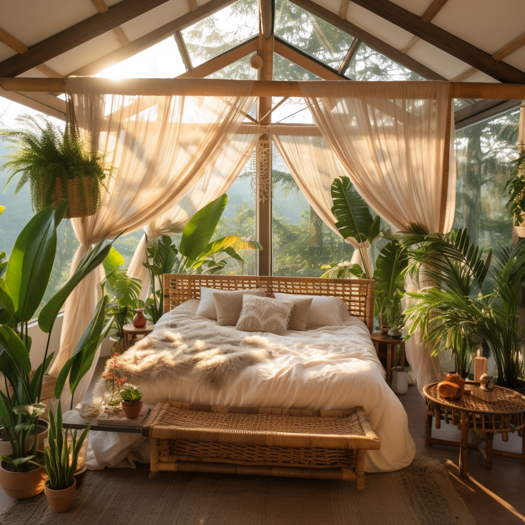 Bamboo Bohemian Canopy Bed with Tropical Sunset Lighting