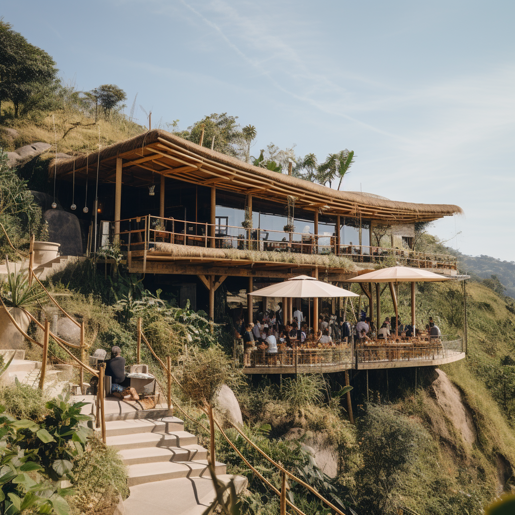 Bamboo coffee shop with hillside view