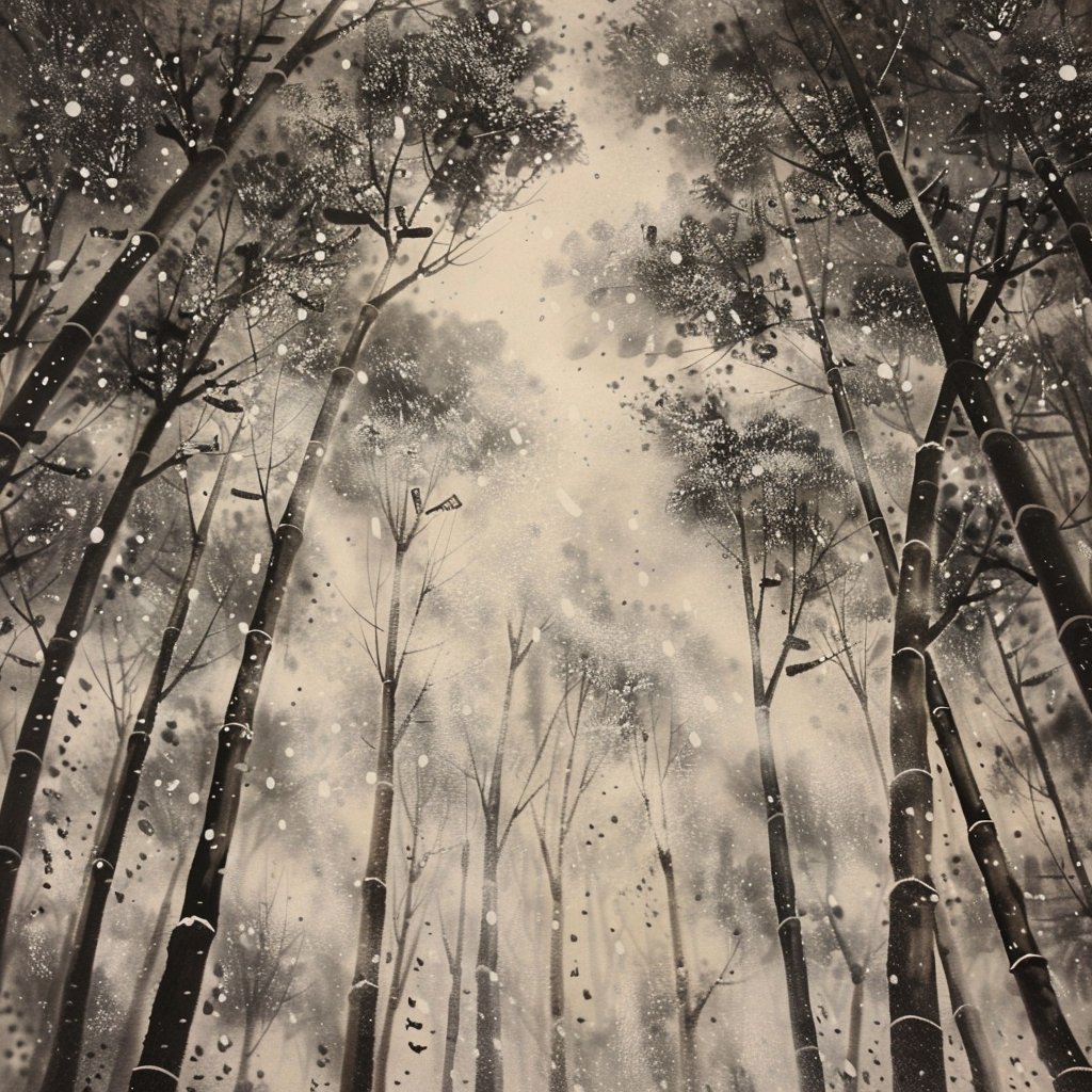 snow falling on bamboo forest