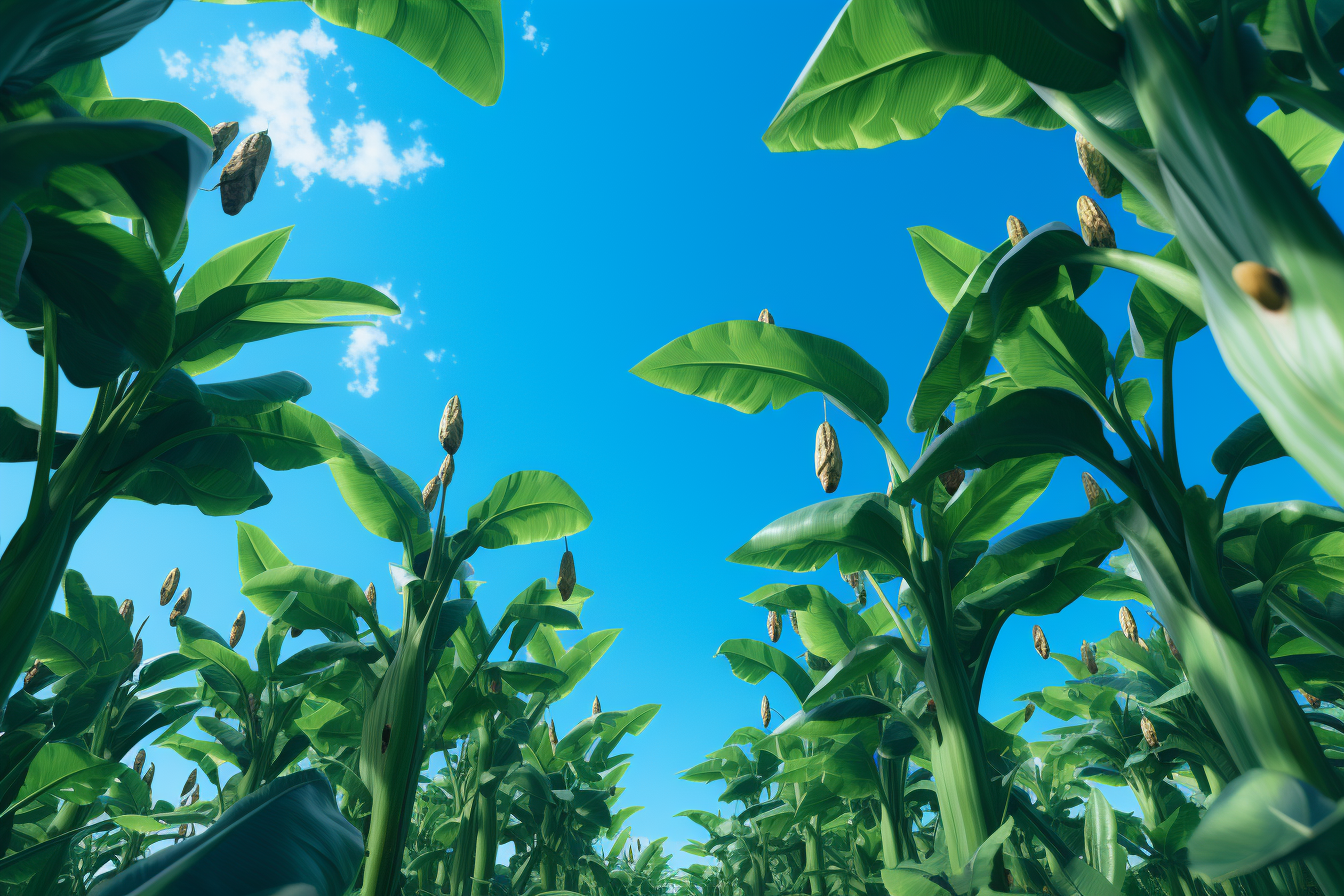 Stunning organic banana trees field under clear blue skies