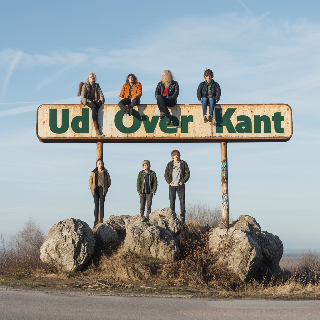 Band of young people on large rock sign