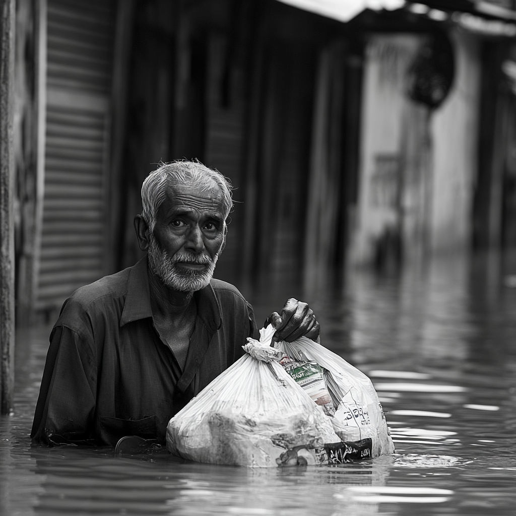 Older man with groceries in flood