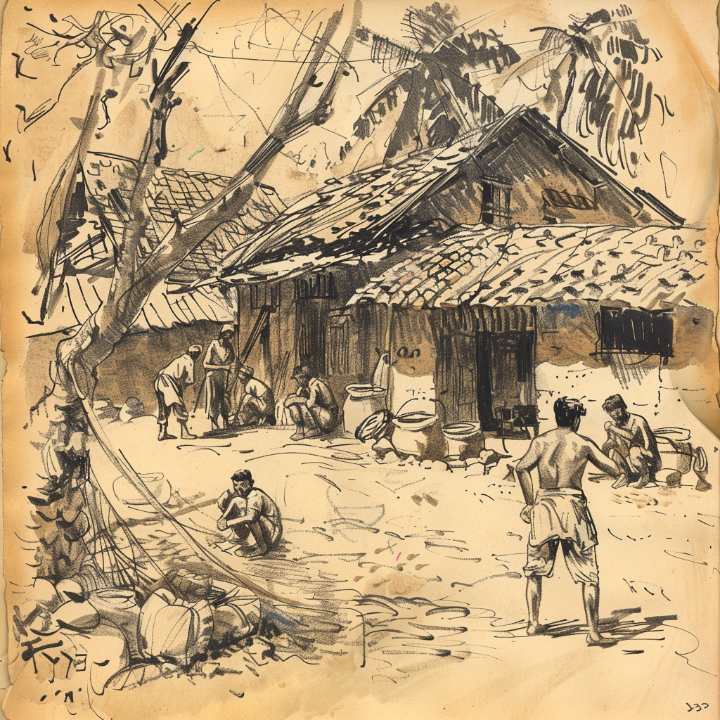 Bangladeshi village scene sketches