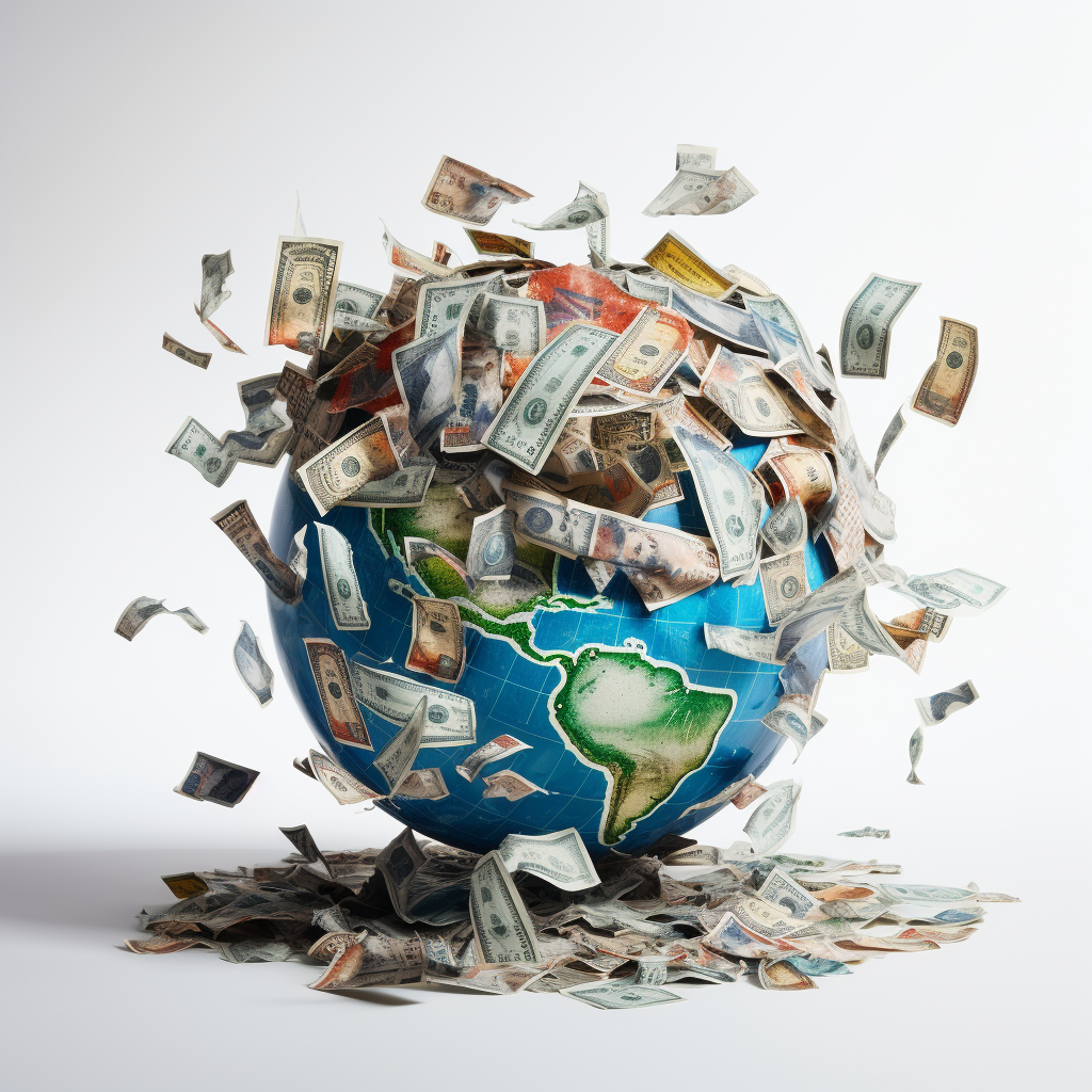 Floating globe with banknotes on white background