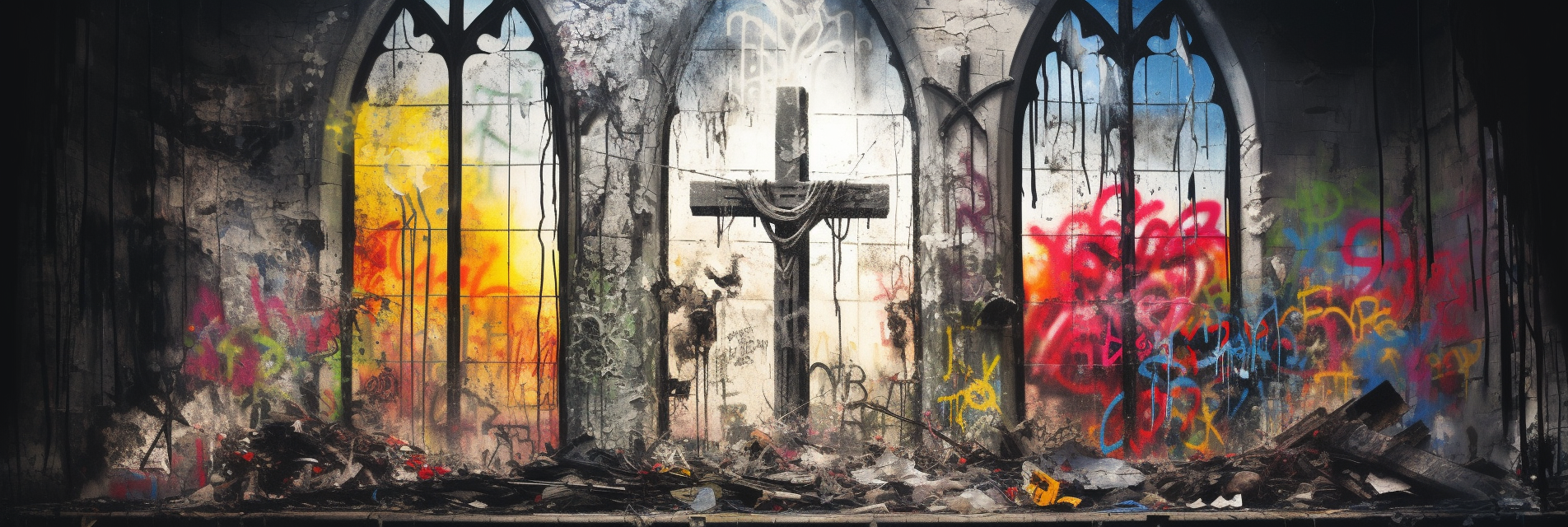 Graffiti art of Banksy's thought-provoking church window