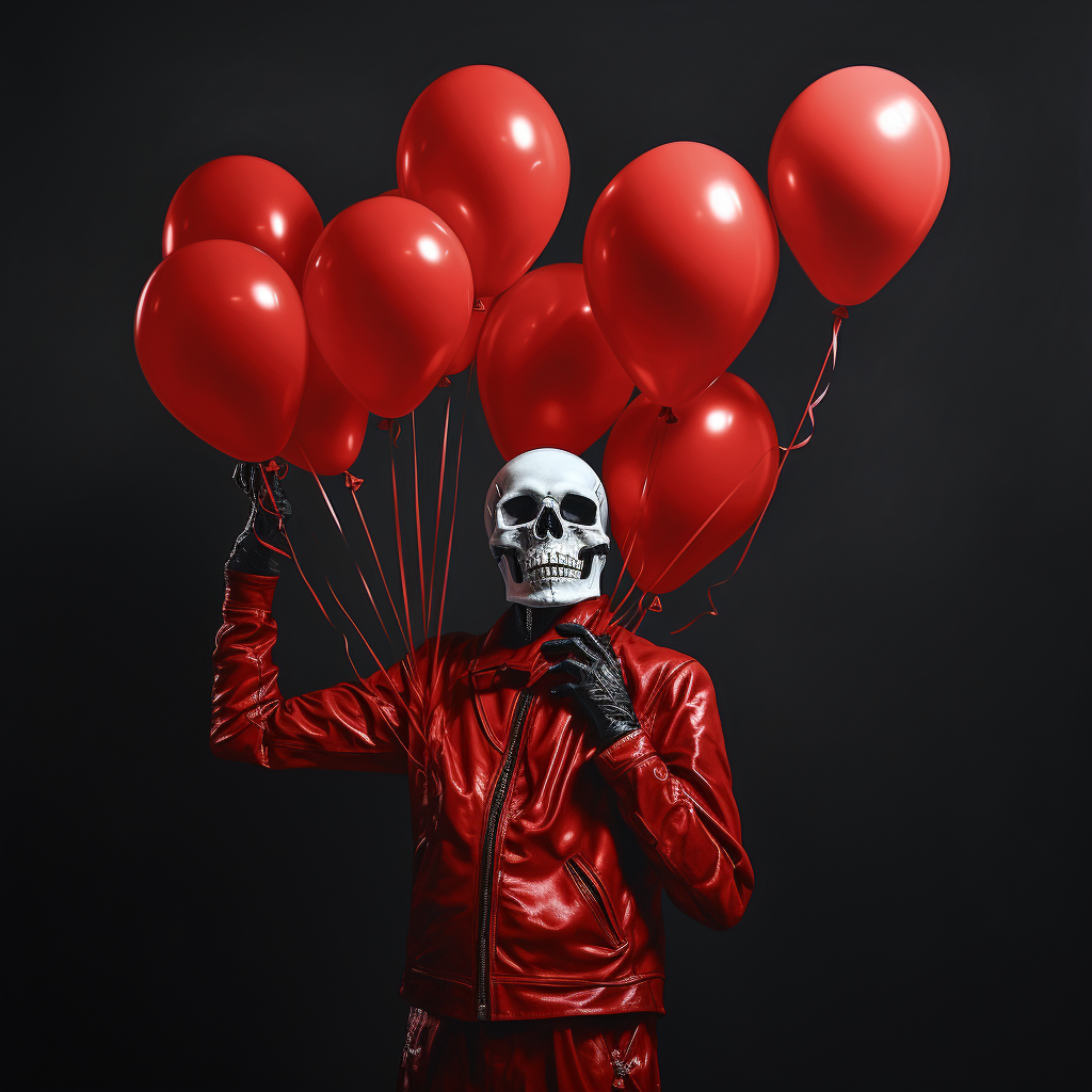 Intricately detailed skeleton with red balloons