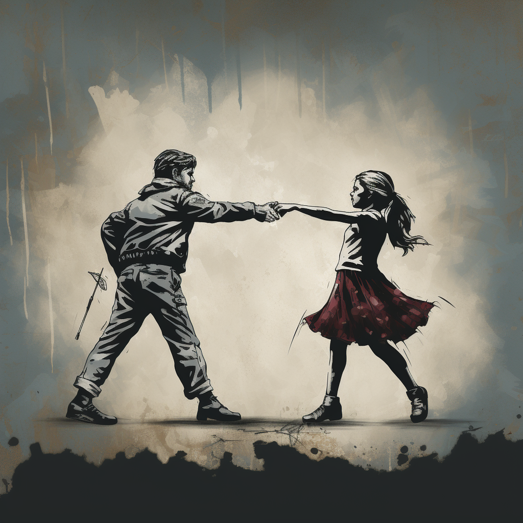 Banksy-style art depicting conflict