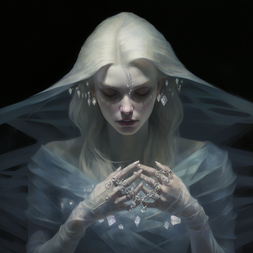 Ethereal banshee with translucent eyes and mother-of-pearl nails