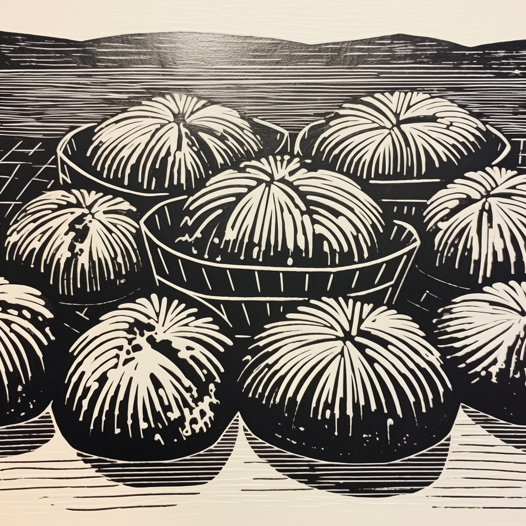 Bao Buns Japanese Woodblock Print Linocut Lines