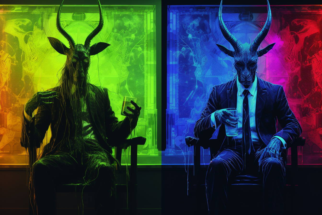 Baphomet and Nyarlathotep eating black sock on vibrant rainy background