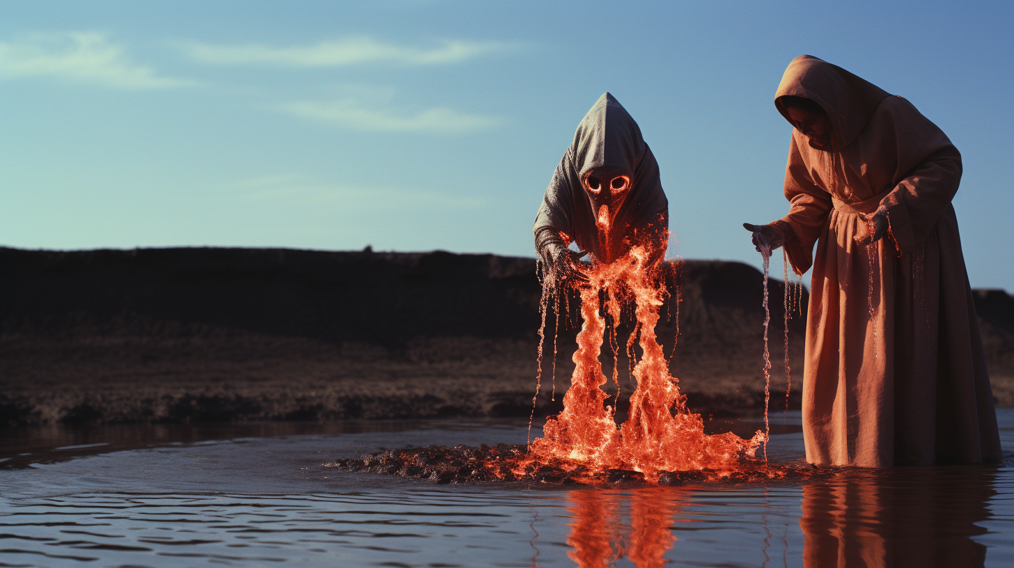 Creepy costume in surreal baptism scene