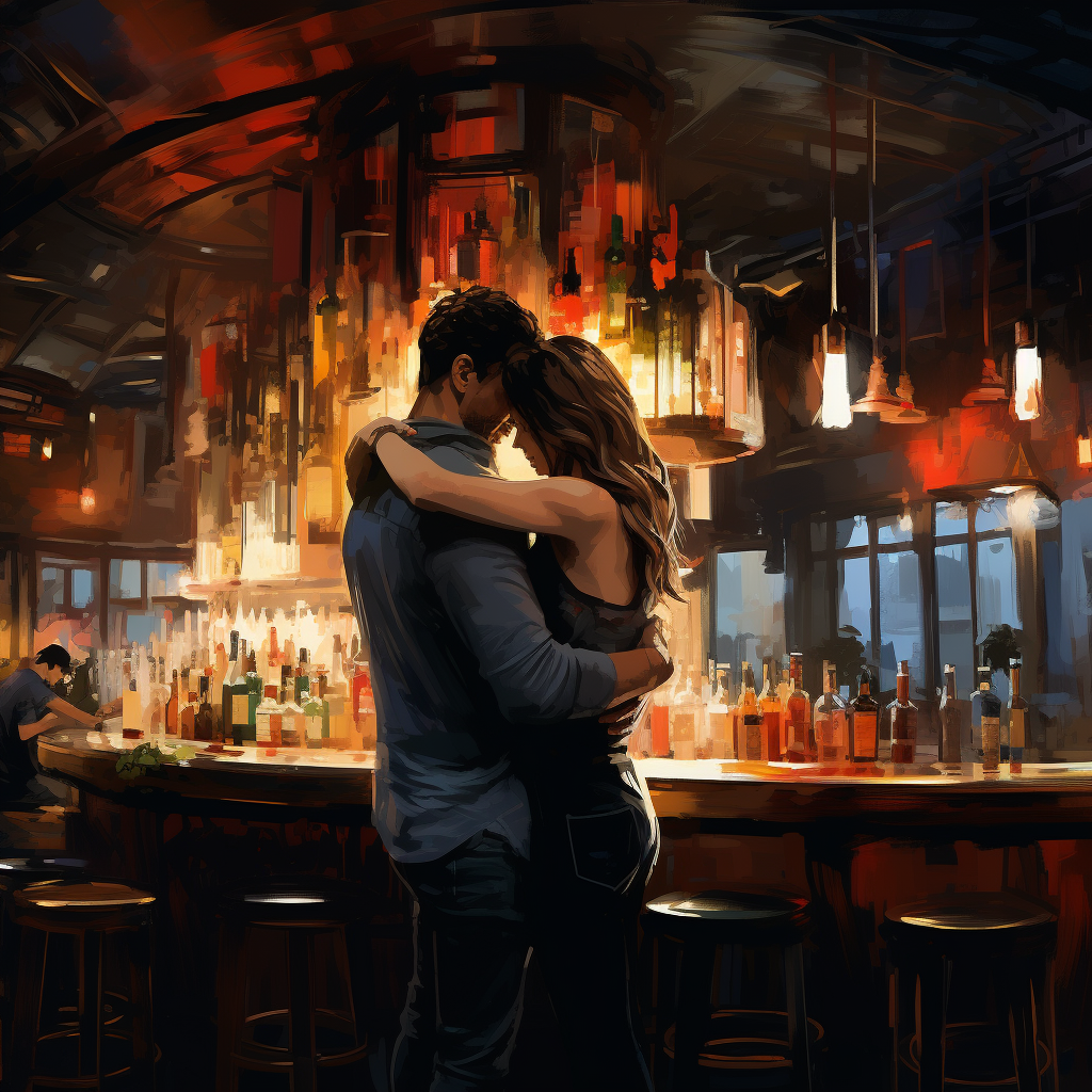 Couple embracing affectionately in a bar