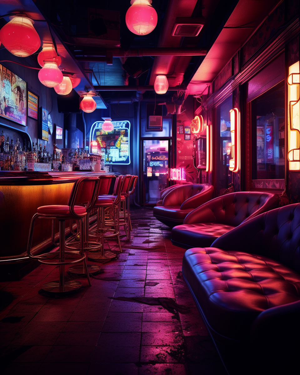 Moody bar ambiance with neon signs