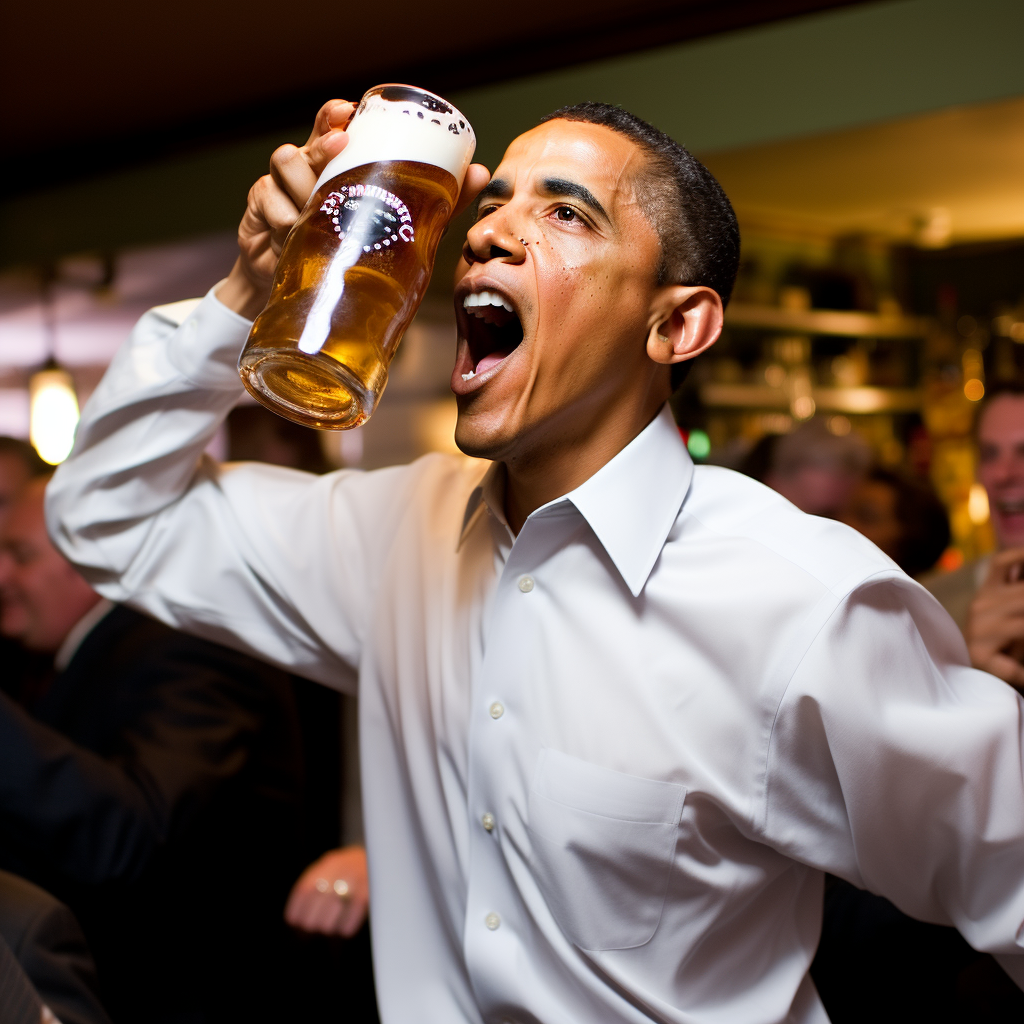 Barack Obama enjoying a huge beer