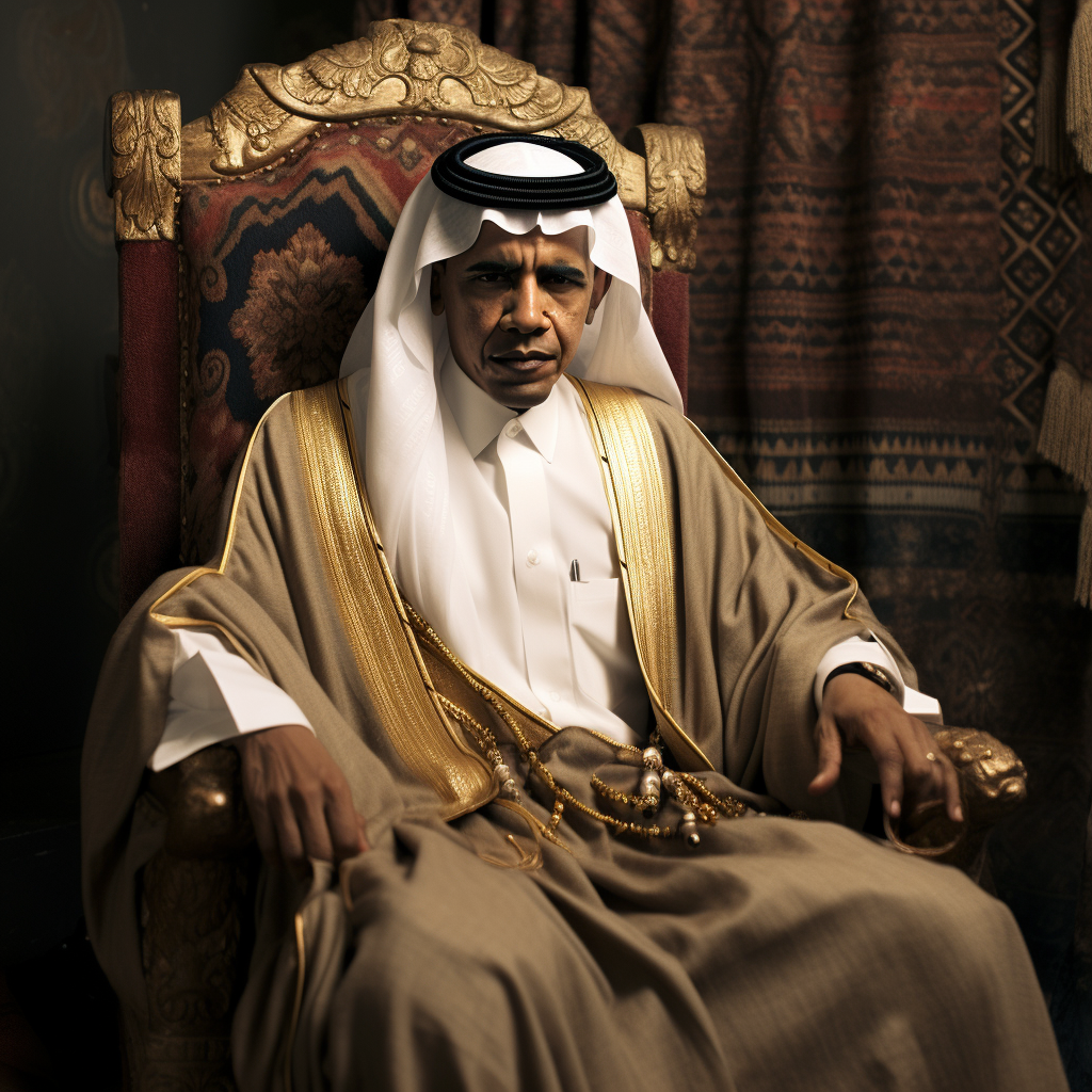 Barack Obama sitting in broken chair wearing traditional Middle Eastern garb