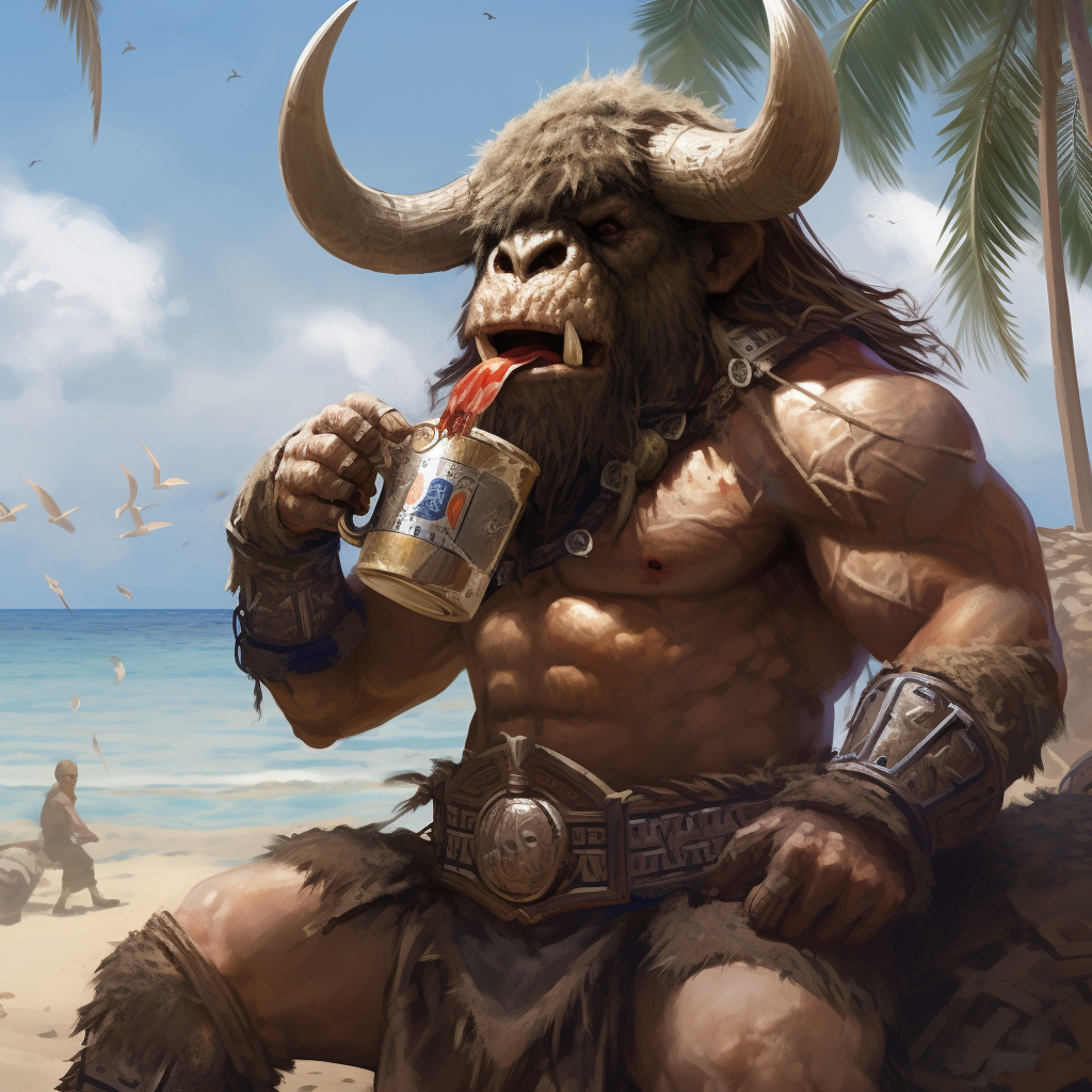 Barbarian wearing Buffalo Bills beer helmet on beach