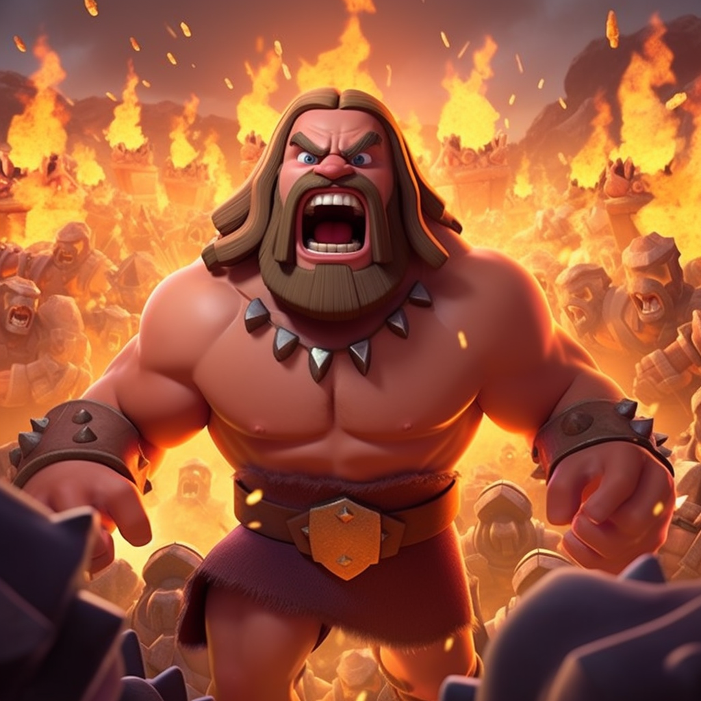 Powerful clash of clans Barbarian King amidst blazing fire