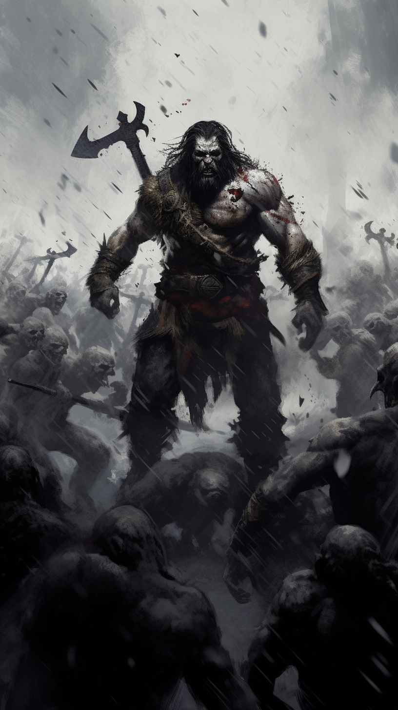 Epic battle between barbarian and orcs