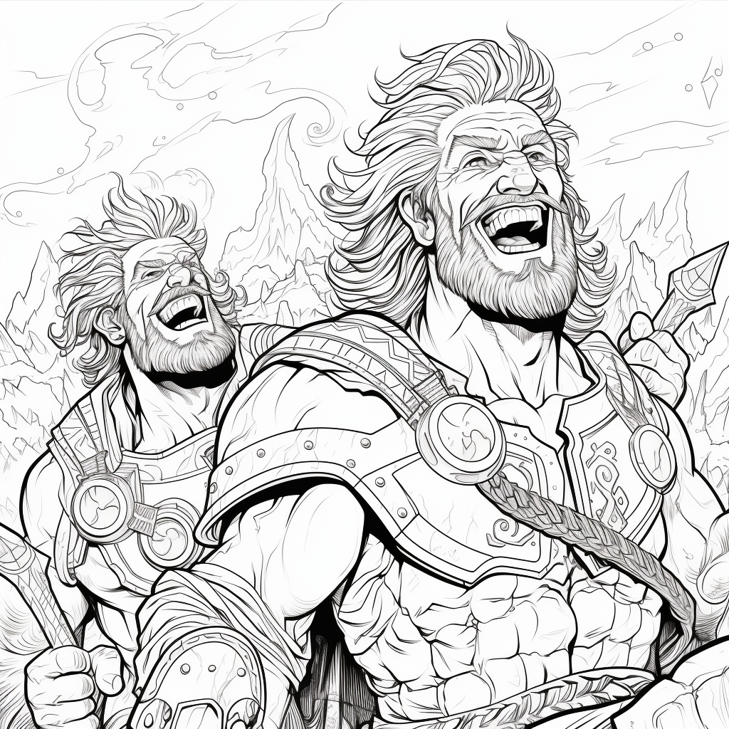 Black and white line art of laughing barbarian twin brothers