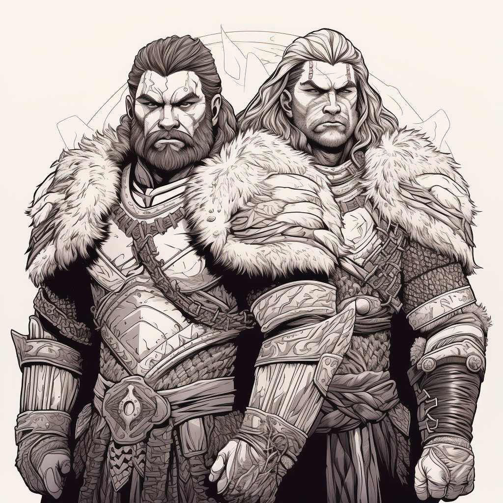 Line art of strong barbarian twin brothers