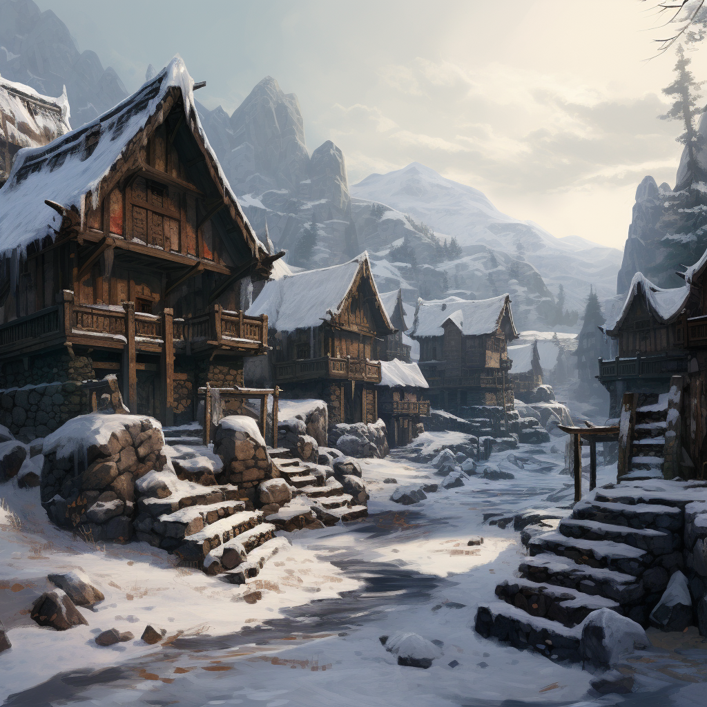 Stone houses in a snowy barbarian village