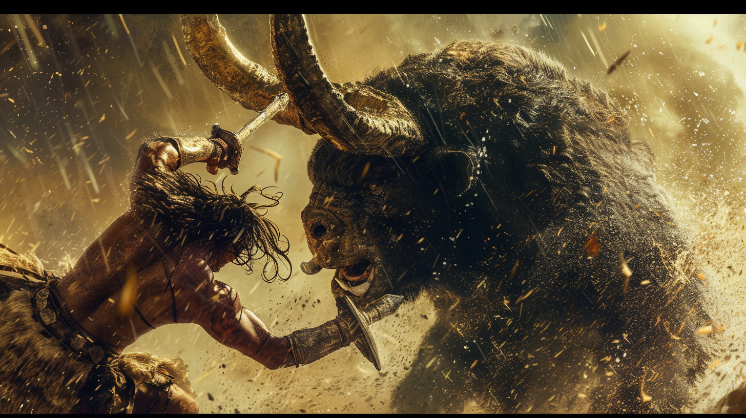 Barbarian warrior fighting minotaur in epic battle