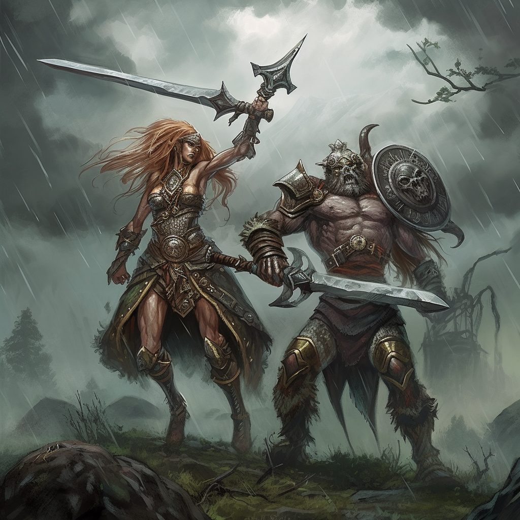 Leonin barbarian warrior swings halberd at crone hag