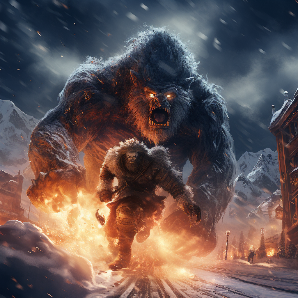 Barbarian warlord riding a yeti, attacking village