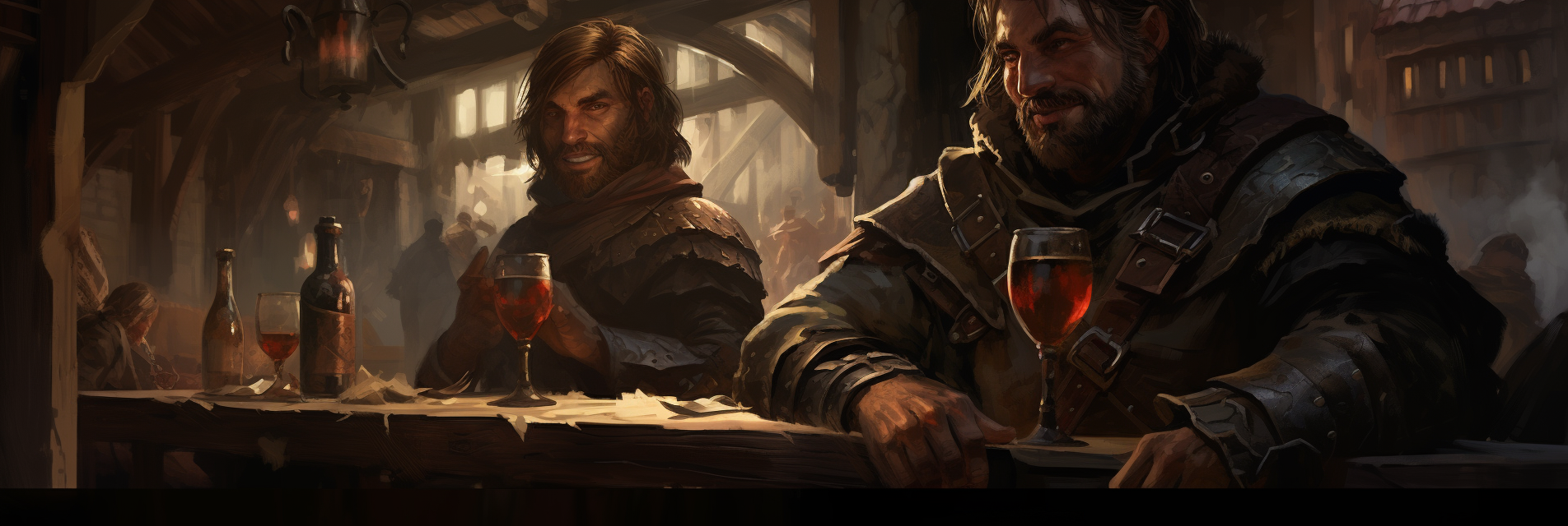 Two friends enjoying wine in a tavern