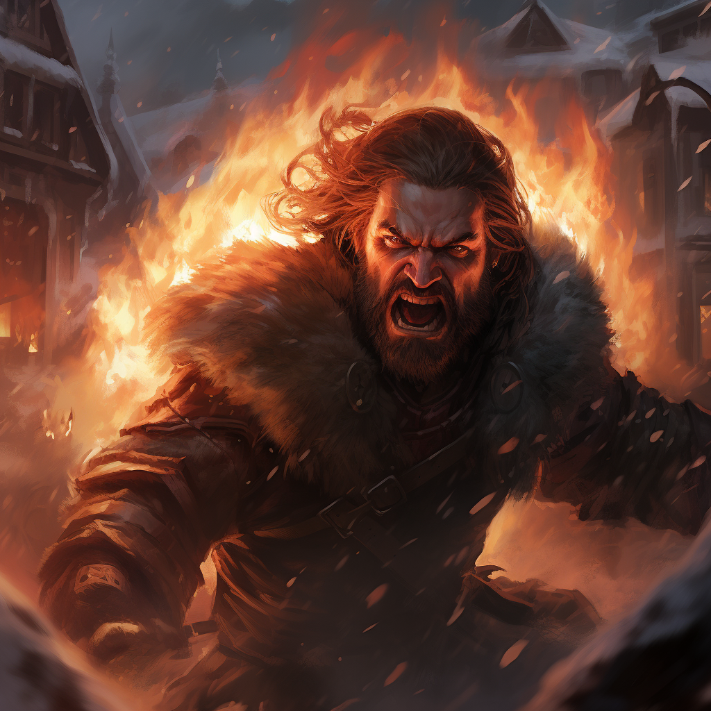 Barbarian warlord casting ice spells and attacking village
