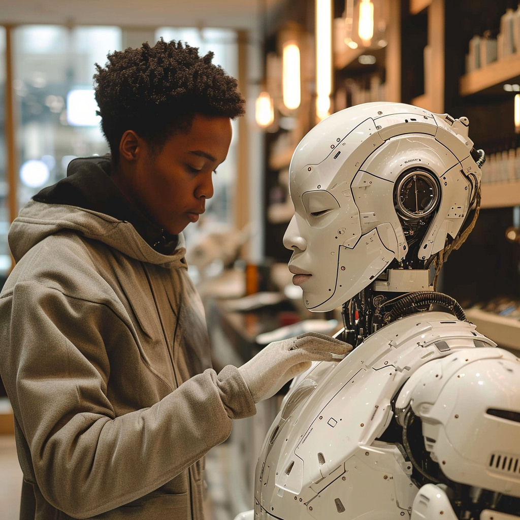 Barber shop robot giving haircut