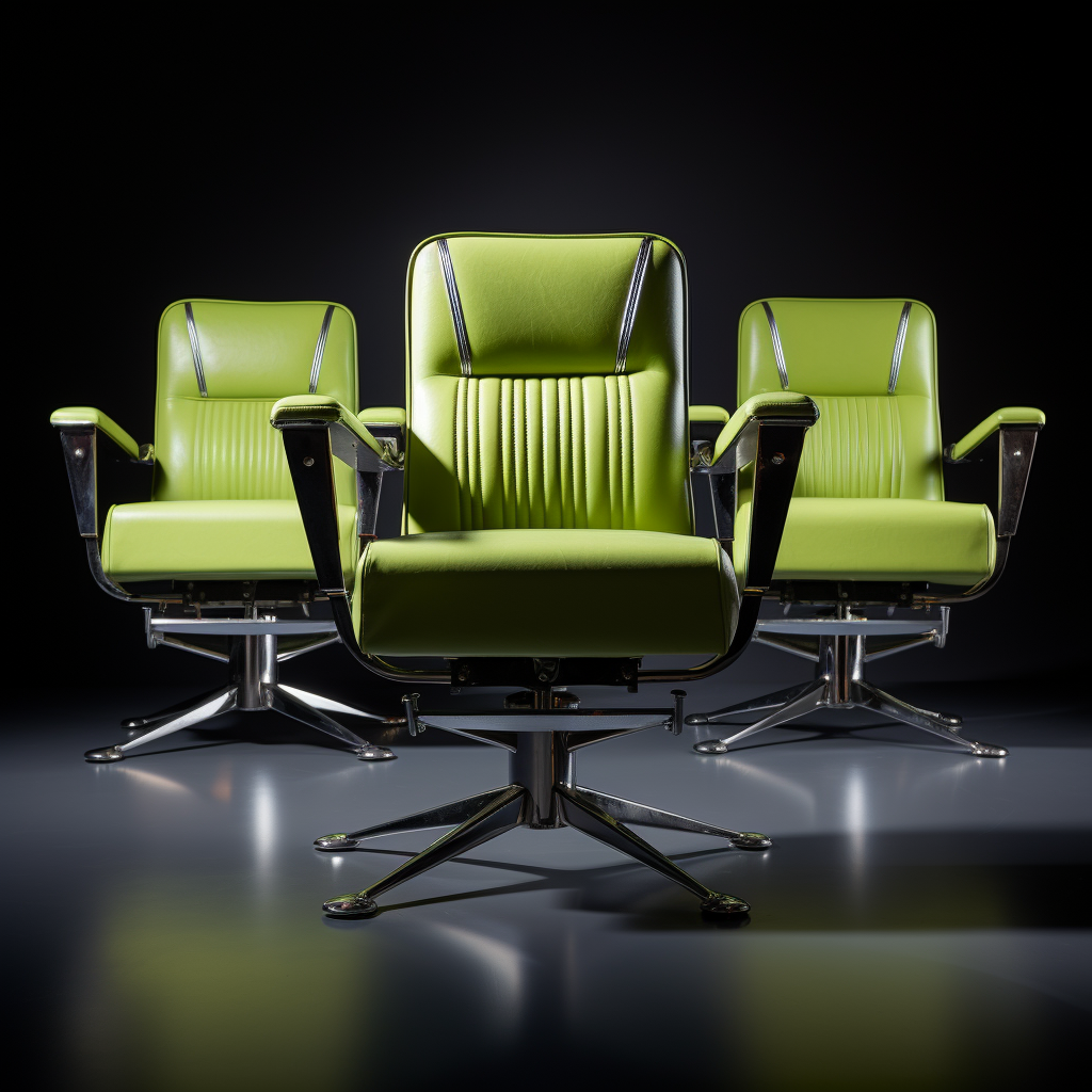 Three fashionable barbershop chairs with green accents